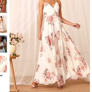 Lulu's Elegantly Inclined Cream Floral Print Wrap Maxi Dress - size Small